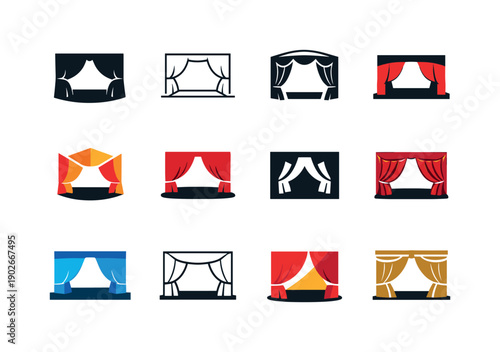 Theater performances. Icon set. Set Logo of Theater performances: stage with curtain. harmonious logo variations of the same emblematic