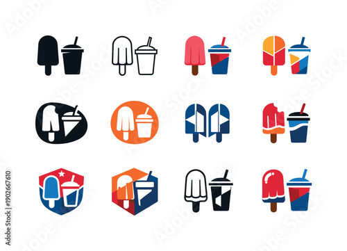 Ice cream and cold beverages. Icon set. Set Logo of Ice cream and cold beverages: popsicle and drink cup. harmonious logo variations of the