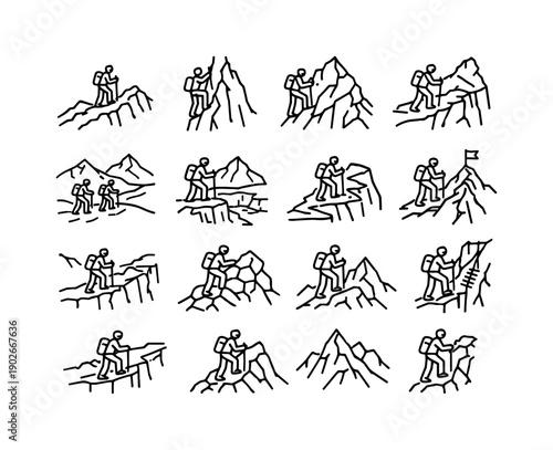 Mountain Extreme Hiking. Line icon set of Mountain Extreme Hiking: razorback ridge, vertical ascent trail, rocky peak climb, exposed mountain