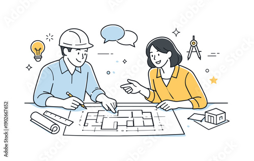 Architectural blueprints collaboration. Two professionals discussing blueprints, exchanging ideas and pointing at plans on the table. The