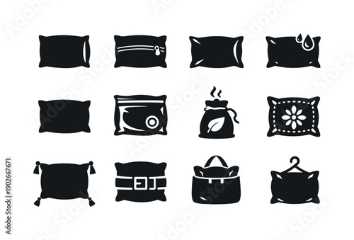Pillow Accessories Icons. Pillow Accessories. Solid icon set of Pillow Accessories: pillowcase, zipper cover, silk pillowcase, pillow protector, pillow insert,