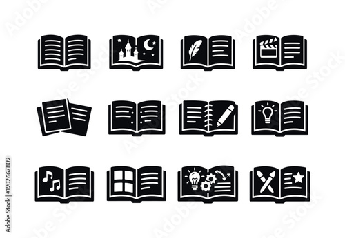 Open pages. Solid icon set of creative writing: open manuscript, open storybook, open poetry book, open screenplay, open script pages, open