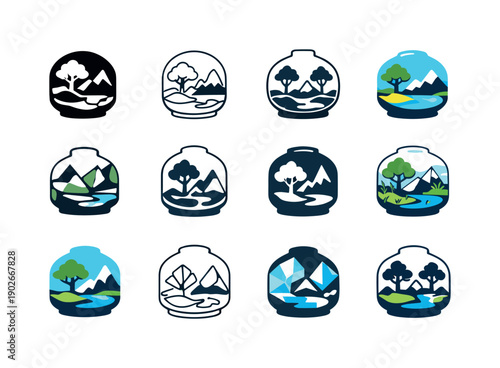 Miniature worlds and microcosms. Icon set. Set Logo of Miniature worlds and microcosms: glass terrarium ecosystem. harmonious logo variations