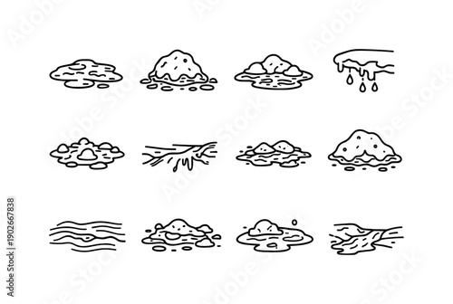 Melting Dirty Snow. Line icon set of Melting Dirty Snow: slush puddle, melting snow heap, muddy snow water, thawing snow grime, drip from