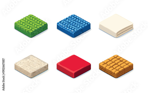 Fabric textures. Isometric flat vector icons set of fabric textures: knitted wool pattern, denim weave detail, cotton cloth texture, linen