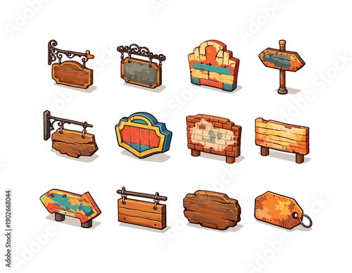 Colorful Vintage Sign Icons. Vintage Signs. Colorful isometric vector icons set of Vintage Signs: old shop signboard, antique metal sign, faded paint letters,