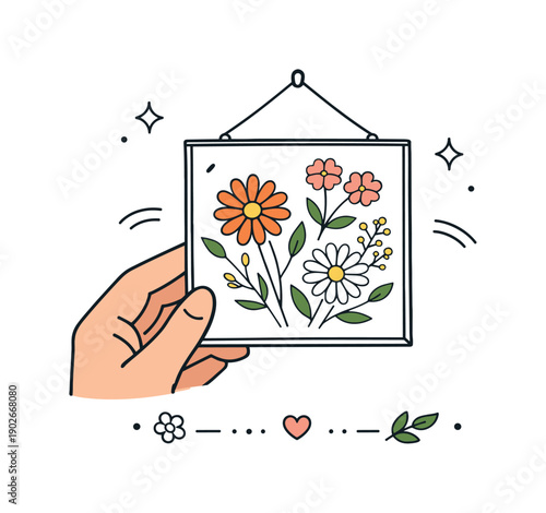 Pressed flowers spring. A small transparent frame with pressed flowers held up in soft light, capturing the quiet elegance of seasonal