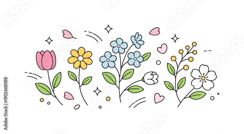 Spring Floral Serenity. Spring floral elements. Delicate spring flowers and leaves gently arranged in a light, airy composition, creating a fresh seasonal