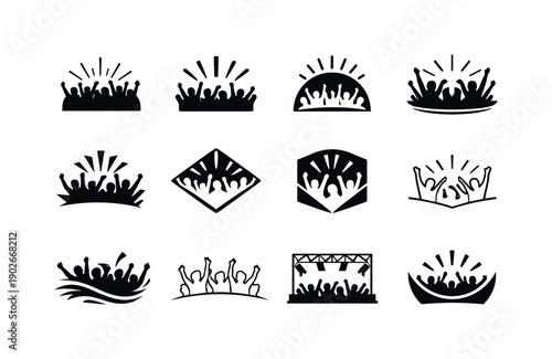 Cosplay performance. Icon set. Set Logo of cosplay performance: cheering crowd silhouette. harmonious logo variations of the same emblematic