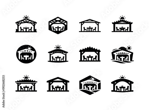 Custom-built home features. Icon set. Set Logo of Custom-built home features: outdoor patio with pergola. harmonious logo variations of the