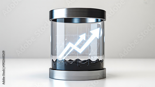 Futuristic cylindrical glass container with black liquid and glowing upward arrow graphic, symbolizing financial growth, progress, and success