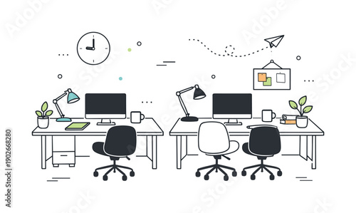 Empty modern office scene. An editorial-style illustration of a large workspace with desks, lamps, and screens all powered off. The scene