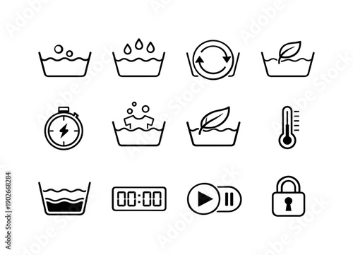 Washing Machine Functions. Line icon set of Washing Machine Functions: wash cycle icon, rinse cycle icon, spin cycle icon, eco wash mode,