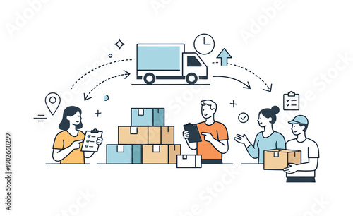 Logistics workflow. Team members coordinating shipments around stacked boxes and a delivery truck icon, calm collaboration and