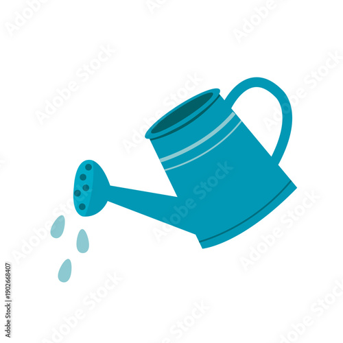An illustration of a blue garden watering can, tilted and pouring water, isolated on a white background.