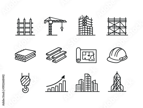 High-rise construction. Line icon set of High-rise construction: building framework, construction crane, unfinished tower, scaffolding,