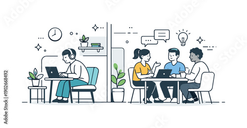 Workplace neurodiversity inclusion and focus. An employee working independently in a calm corner with reduced stimuli, while others