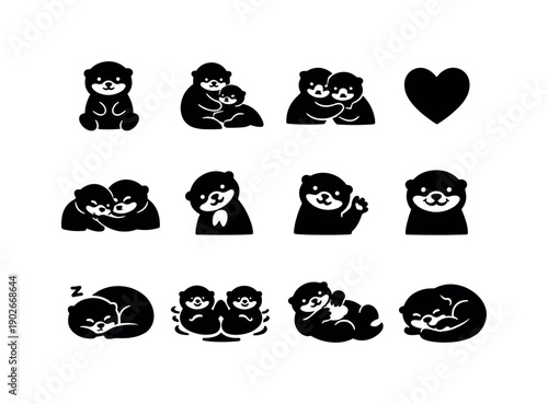 Cute Otter Moments. Solid icon set of Cute Otter Moments: baby otter, mother and pup, otters cuddling, heart icon, snuggling otters, head