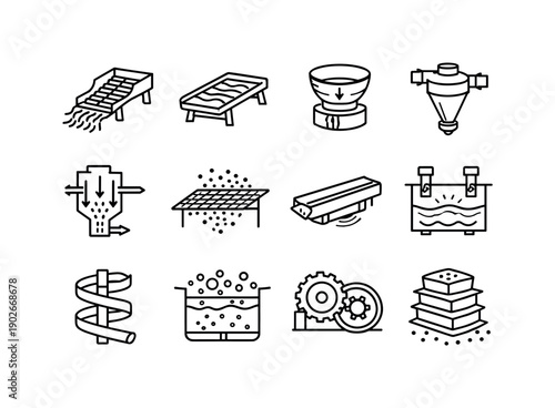Physical Separation Techniques. Line icon set of Physical Separation Techniques: sluice box riffles, shaking table, centrifugal concentrator,