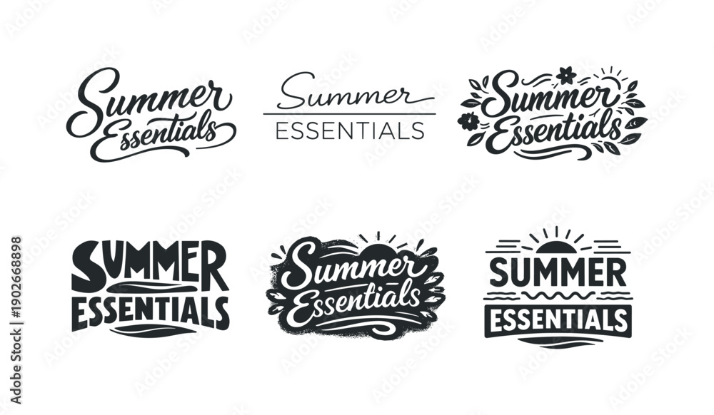 Fototapeta premium Summer Style Lettering. Summer essentials style. Set lettering. harmonious lettering variations of the same emblematic concept, each with different artistic