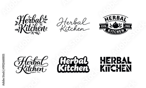 Herbal kitchen lettering. Set lettering. harmonious lettering variations of the same emblematic concept, each with different artistic