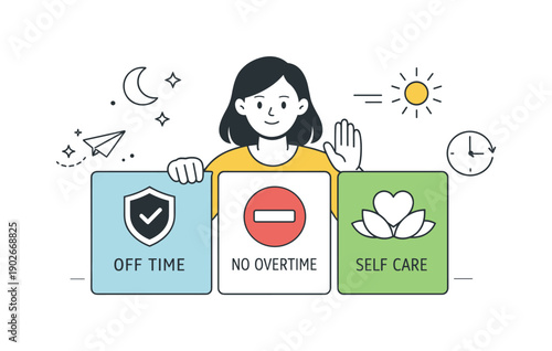 Returning with boundaries. A professional setting clear work limits using simple cards and calm symbols, expressing protection from overload.