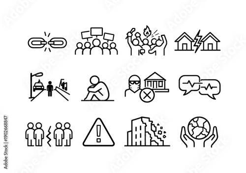 Community Risk Factors. Line icon set of Community Risk Factors: broken community link, protest crowd, social unrest, neighborhood conflict,