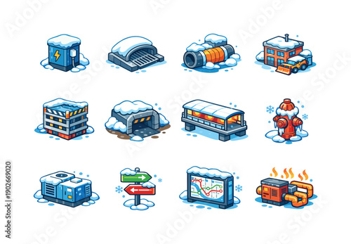 City Infrastructure in Winter. Colorful isometric vector icons set of City Infrastructure in Winter: snow-insulated power box, covered storm