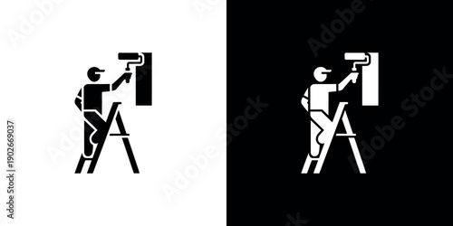 Person Painting Wall with Roller on Ladder in Black and White