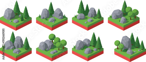Isometric landscape plots illustration with rocks, coniferous and deciduous trees, grassy soil layers, and modular red earth bases for creative game design and environmental modeling