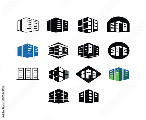 Data Center Icons. Data center operations. Icon set. Set Logo of Data center operations: server racks in organized rows. harmonious logo variations of the same