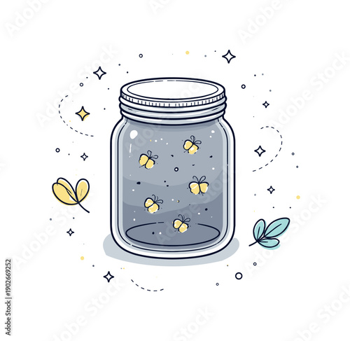 Firefly jar flat lay. Top view of a simple jar with tiny glowing dots suggesting fireflies. Peaceful evening atmosphere, quiet summer charm.