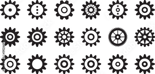 Various black gear on white background gears cogs