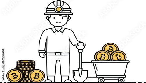 Cartoon miner with a shovel and Bitcoin coins in a cart cryptocurrency mining