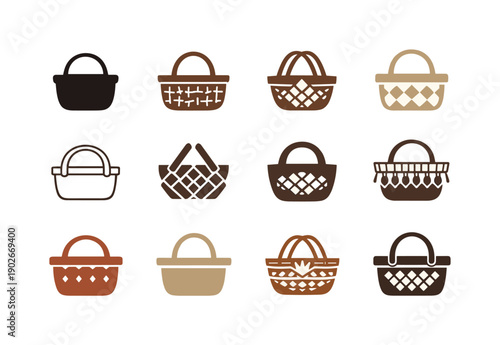 boho picnic aesthetics. Icon set. Set Logo of boho picnic aesthetics: woven picnic basket. harmonious logo variations of the same emblematic