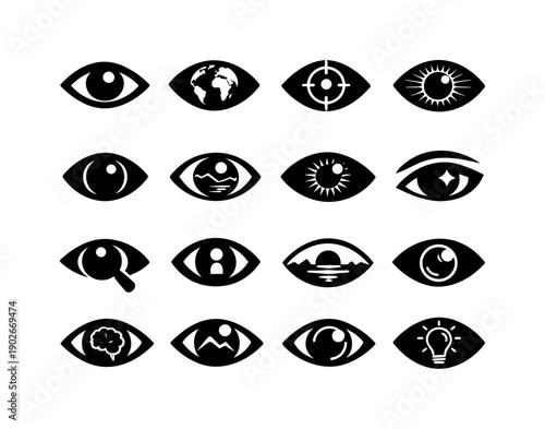 Eye Icons Grid. Eyes seeing the world. Solid icon set of Eyes seeing the world: human eye, globe eye, vision focus, iris detail, pupil close-up, eye