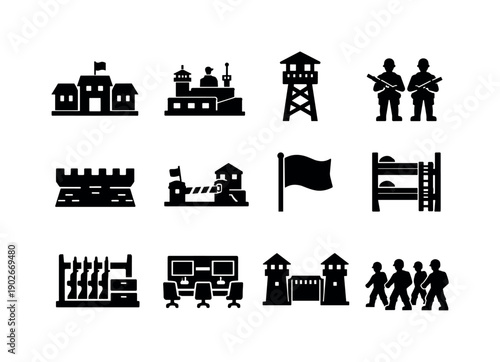 Garrison. Solid icon set of garrison: garrison building, military base, guard tower, soldiers on duty, fortified wall, military checkpoint,
