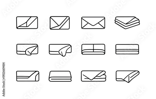 Duvet Fold Techniques. Line icon set of Duvet Fold Techniques: corner fold step, diagonal fold, envelope fold, layered tuck, tight corner,