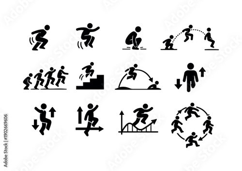 Jumping actions. Solid icon set of jumping actions: takeoff phase, mid air jump, landing phase, jump arc path, motion sequence jump, action