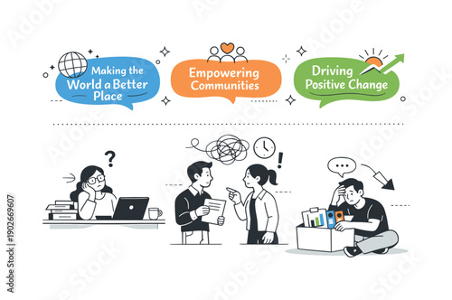 Purpose washing business impact. A split scene where inspiring mission statements float above while disconnected work processes sit below.