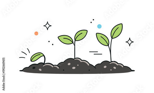 Sprouting Seedlings Bliss. Seedlings in soil. Young sprouts breaking through the soil surface, captured in a quiet editorial still life. The mood is optimistic