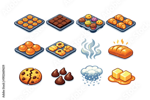 Homemade baking. Colorful isometric vector icons set of homemade baking: tray of cookies, tray of brownies, tray of muffins, tray