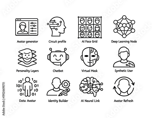 Synthetic Persona Icons. Synthetic Personas. Line icon set of Synthetic Personas: avatar generator, circuit profile, AI face grid, deep learning