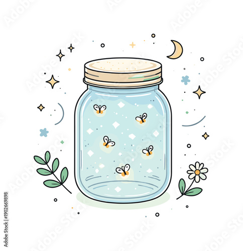 Firefly jar flat lay. Top view of a simple jar with tiny glowing dots suggesting fireflies. Peaceful evening atmosphere, quiet summer charm.