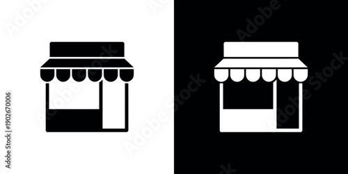 Two black and white storefront with awnings on contrasting backgrounds building