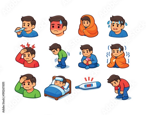 Person with Fever. Colorful isometric vector icons set of Person with Fever: sick person thermometer, flushed face fever, person with