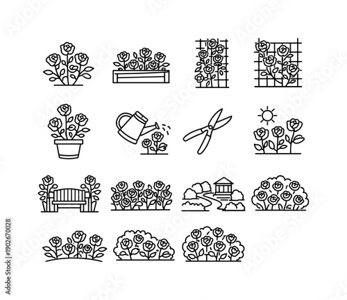 Rose Garden. Line icon set of Rose Garden: rose bush, garden bed, climbing rose, trellis rose, potted rose, watering roses, garden shears,