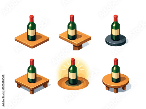 TabletopScene. Isometric flat vector icons set of TabletopScene: wine bottle on table surface, wine bottle with tabletop edge, wine bottle