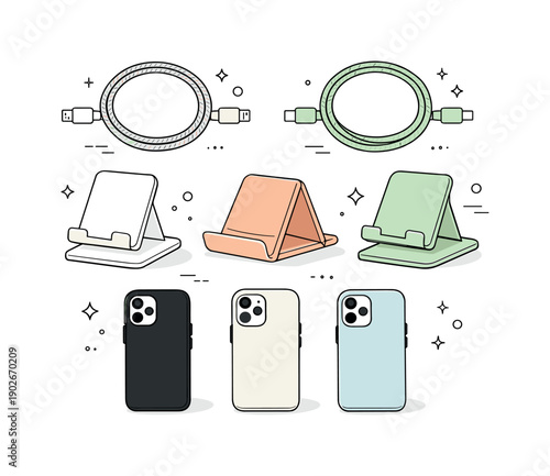 Minimalist Phone Accessories. Neutral-colored phone accessories collection. Symmetrical layout of soft-tone phone stands, braided cables, and minimalist cases