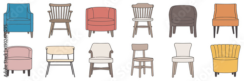 Scandinavian interior chairs and stool set, comfy living room chair, armchair, cabinet, cartoon furniture, decor elements, isolated, modern Scandinavian design, vector